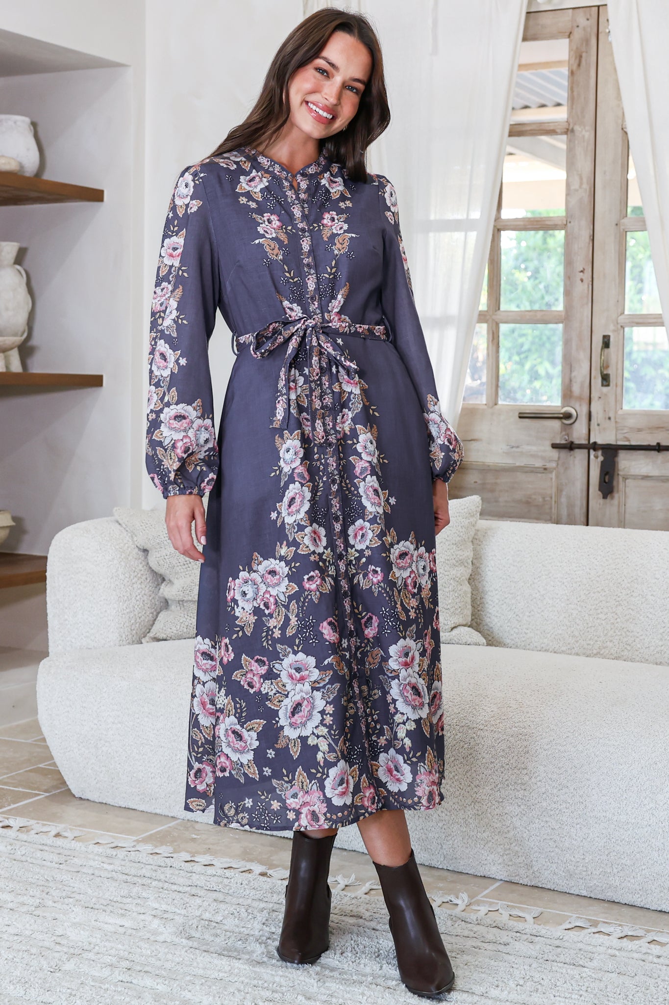Moreana Midi Dress - Mandarin Collar Button Down Long Sleeve Dress with Belt in Fontana Print Grey