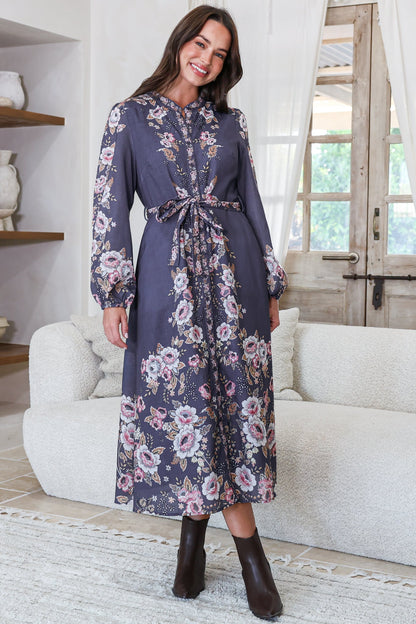 Moreana Midi Dress - Mandarin Collar Button Down Long Sleeve Dress with Belt in Fontana Print Grey