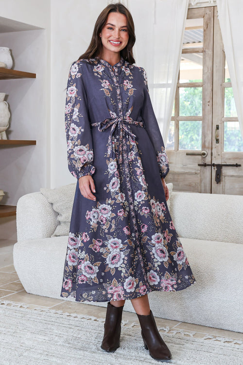 Moreana Midi Dress - Mandarin Collar Button Down Long Sleeve Dress with Belt in Fontana Print Grey