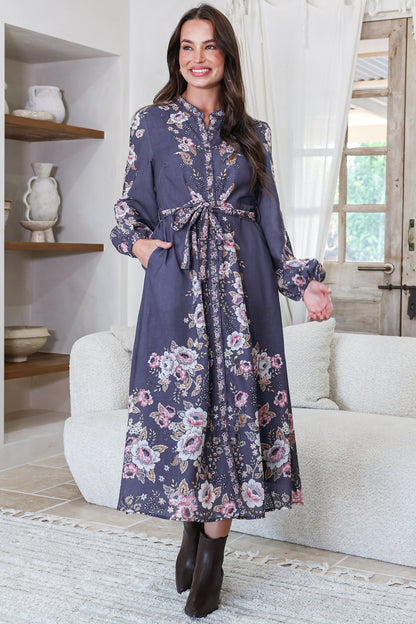 Moreana Midi Dress - Mandarin Collar Button Down Long Sleeve Dress with Belt in Fontana Print Grey