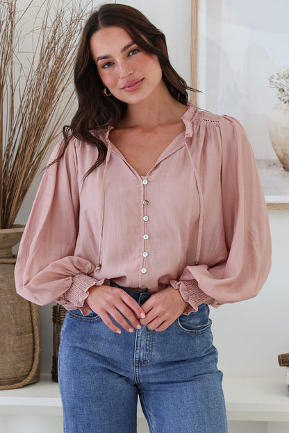 Moree Blouse - Frill Collar Neck Tie Button Down Shirt in Blush