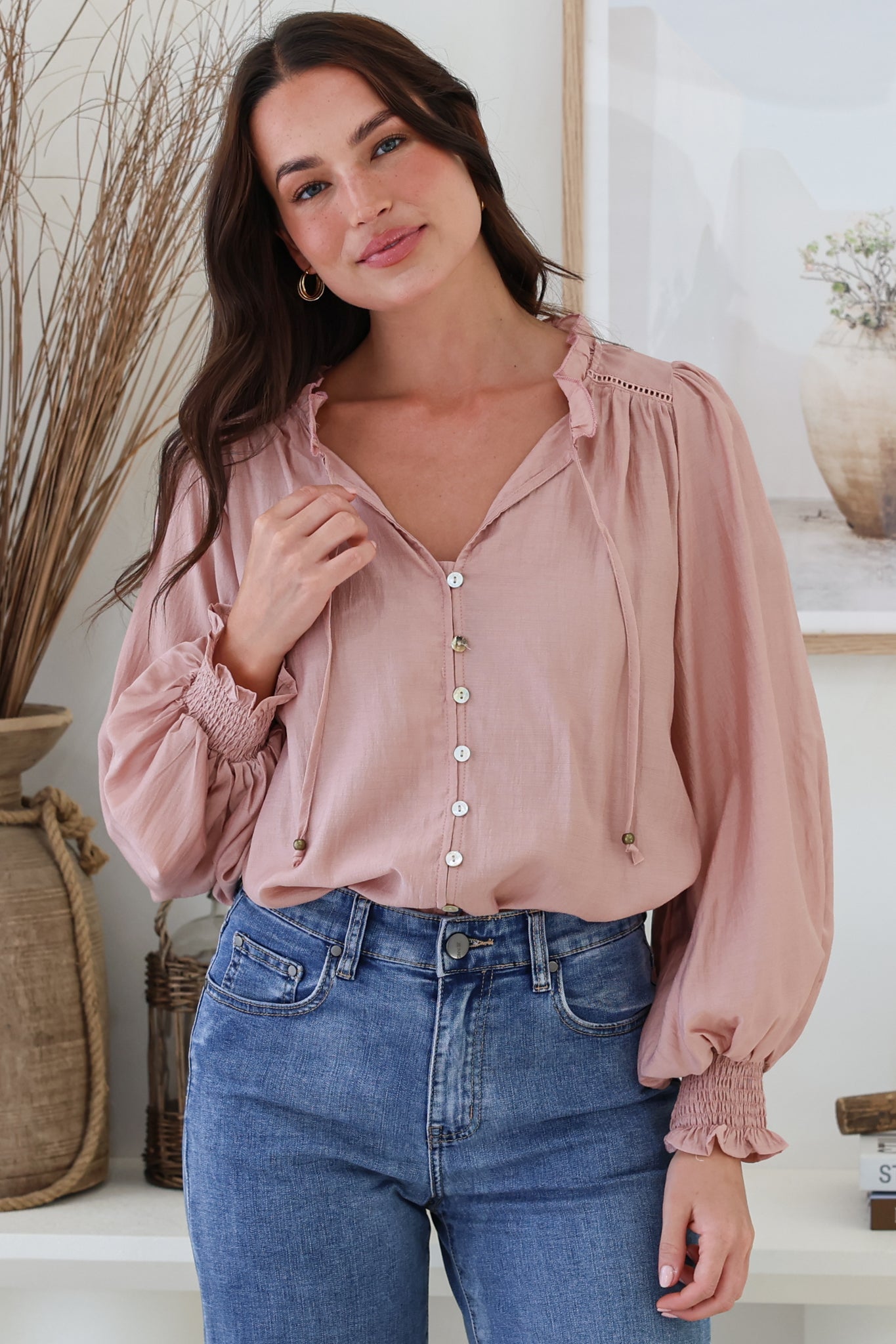 Moree Blouse - Frill Collar Neck Tie Button Down Shirt in Blush