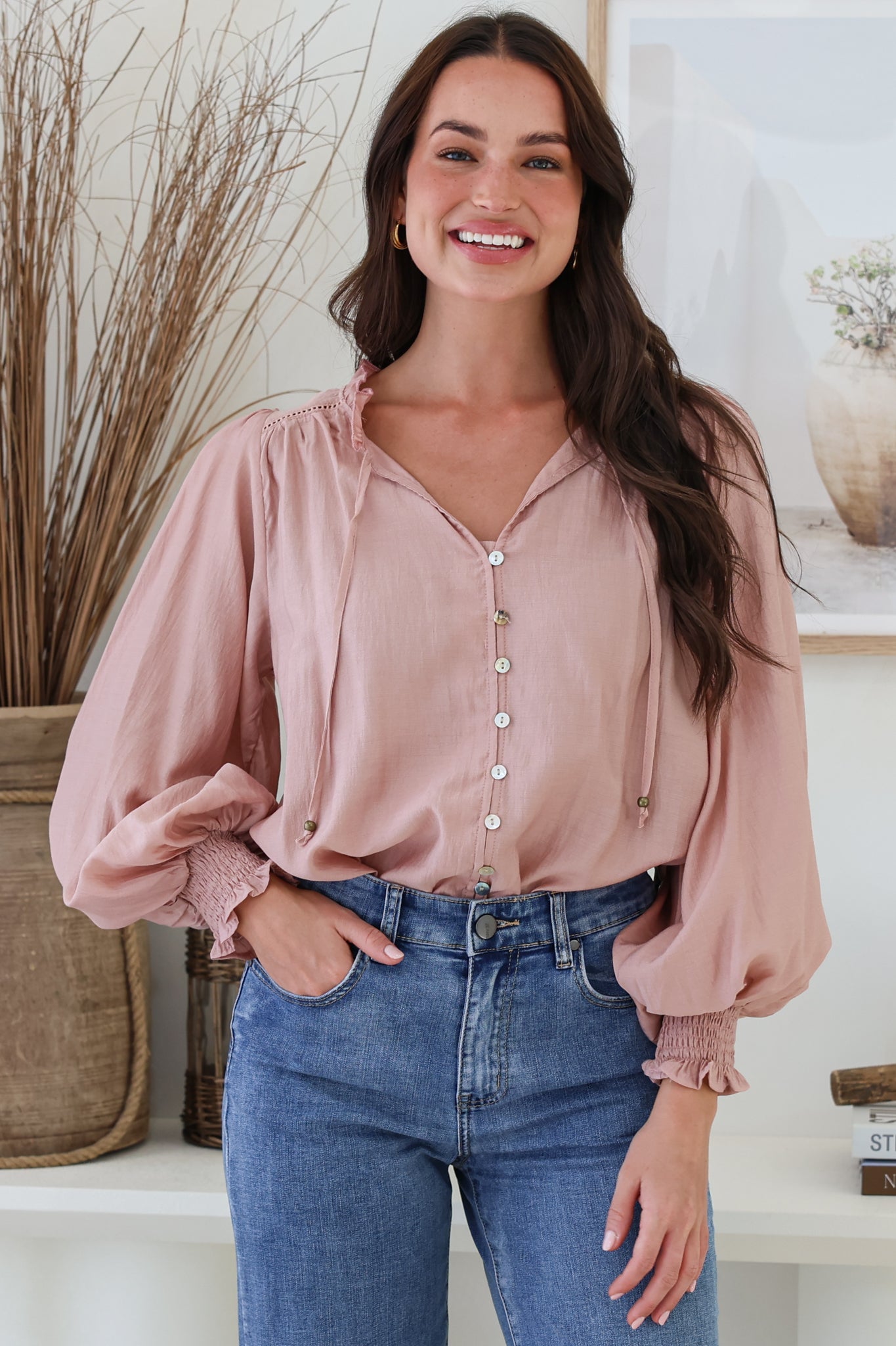 Moree Blouse - Frill Collar Neck Tie Button Down Shirt in Blush