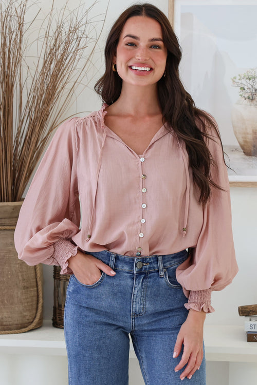 Moree Blouse - Frill Collar Neck Tie Button Down Shirt in Blush