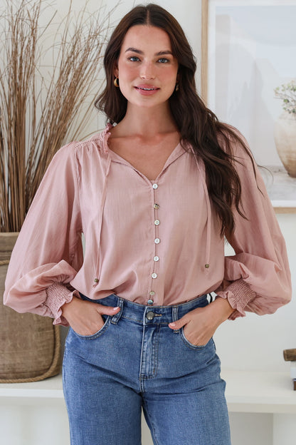 Moree Blouse - Frill Collar Neck Tie Button Down Shirt in Blush