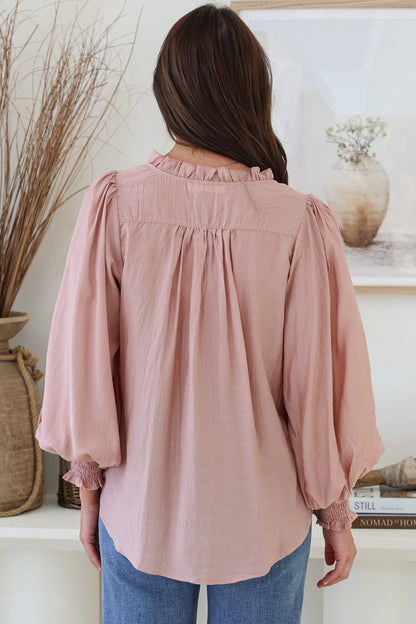 Moree Blouse - Frill Collar Neck Tie Button Down Shirt in Blush