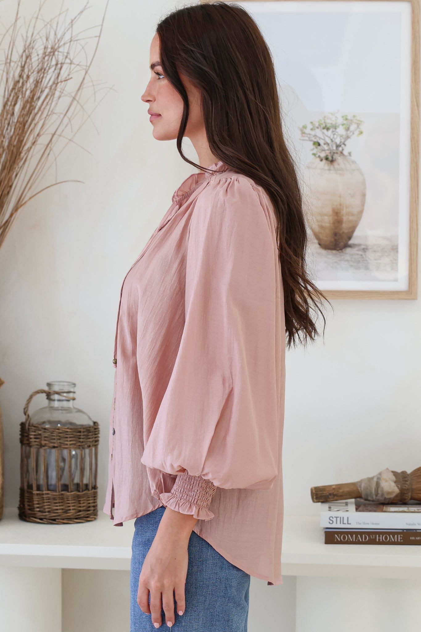 Moree Blouse - Frill Collar Neck Tie Button Down Shirt in Blush