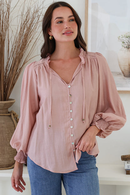 Moree Blouse - Frill Collar Neck Tie Button Down Shirt in Blush