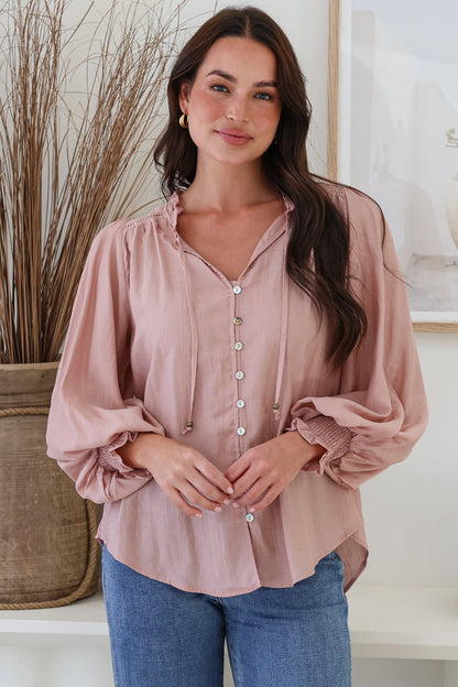 Moree Blouse - Frill Collar Neck Tie Button Down Shirt in Blush