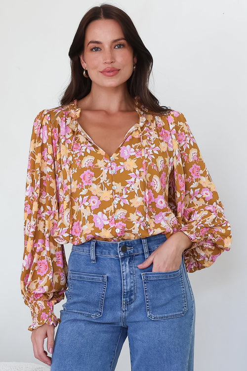 Moree Blouse - Frill Collar Neck Tie Button Down Shirt in Elixir Print