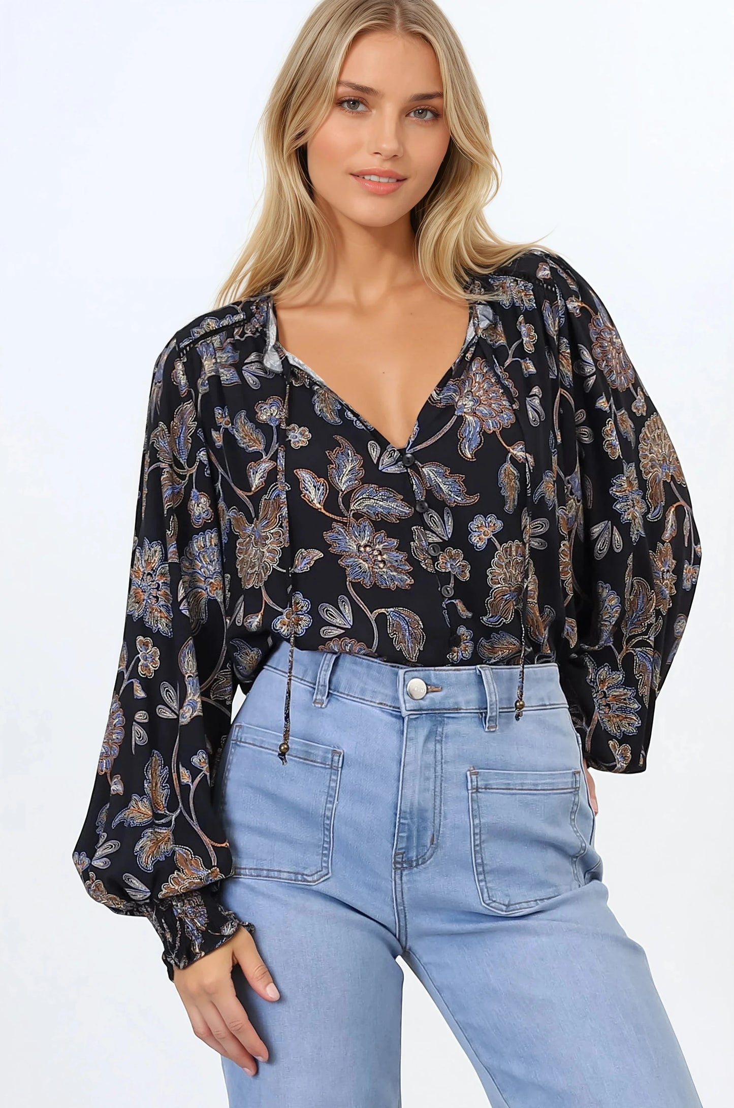 Moree Blouse - Frill Collar Neck Tie Button Down Shirt in the Enchanted Ink Print