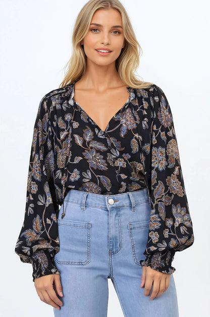 Moree Blouse - Frill Collar Neck Tie Button Down Shirt in the Enchanted Ink Print