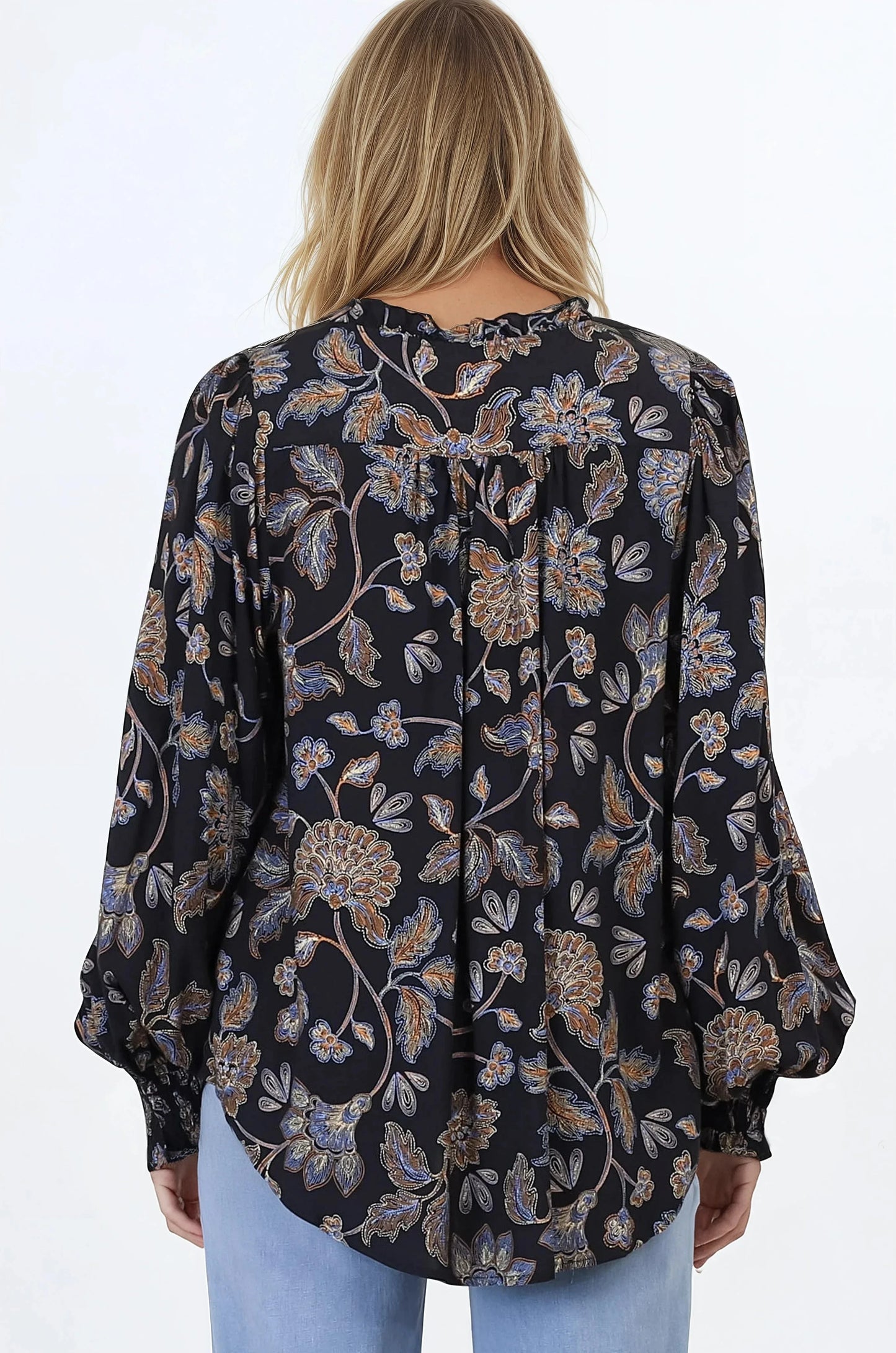 Moree Blouse - Frill Collar Neck Tie Button Down Shirt in the Enchanted Ink Print
