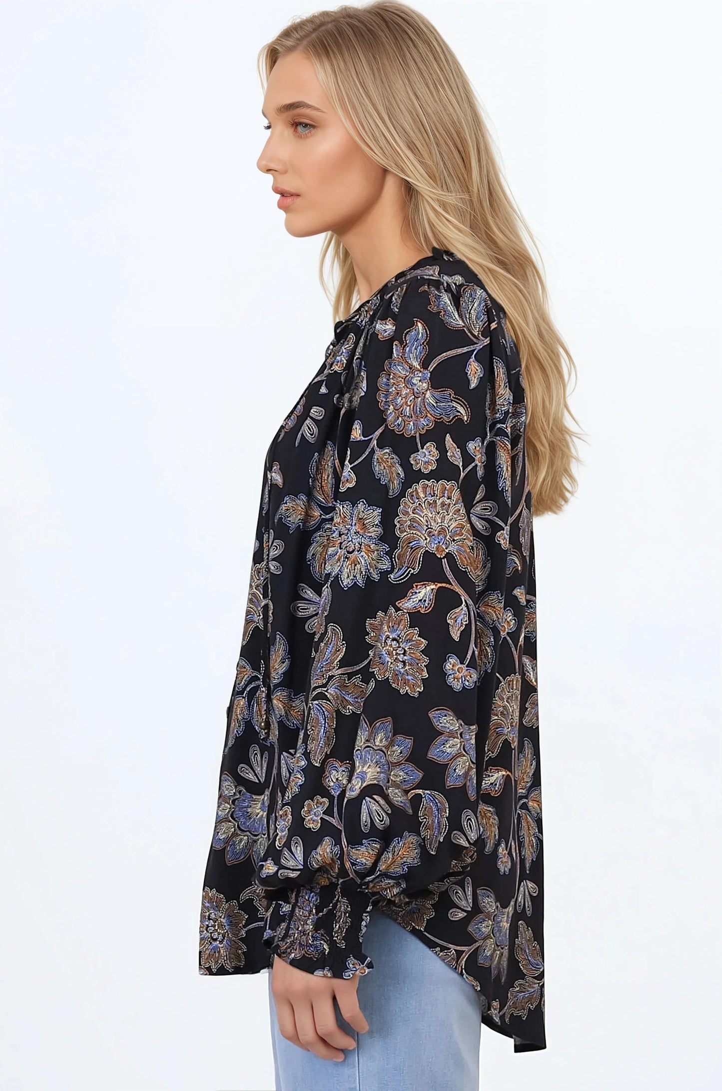 Moree Blouse - Frill Collar Neck Tie Button Down Shirt in the Enchanted Ink Print