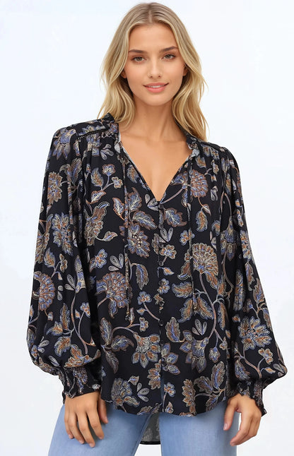 Moree Blouse - Frill Collar Neck Tie Button Down Shirt in the Enchanted Ink Print