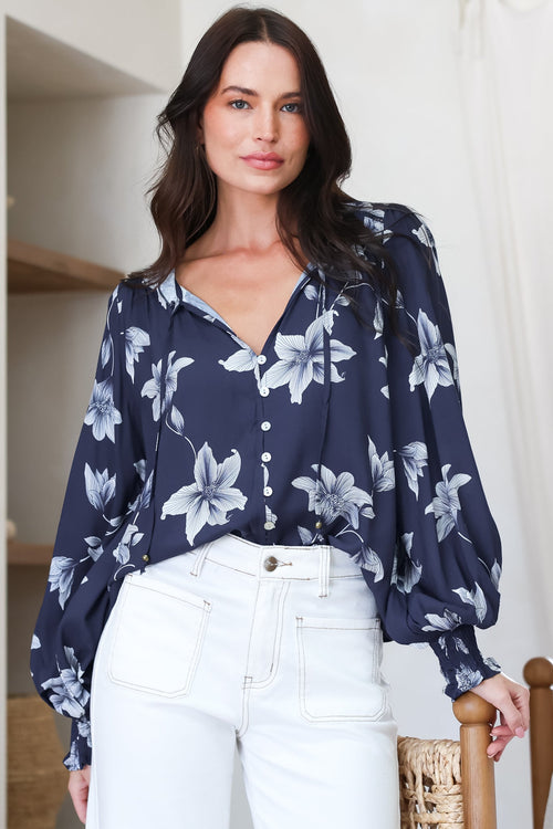 Moree Blouse - Frill Collar Neck Tie Button Down Shirt in Midnight Lily Print