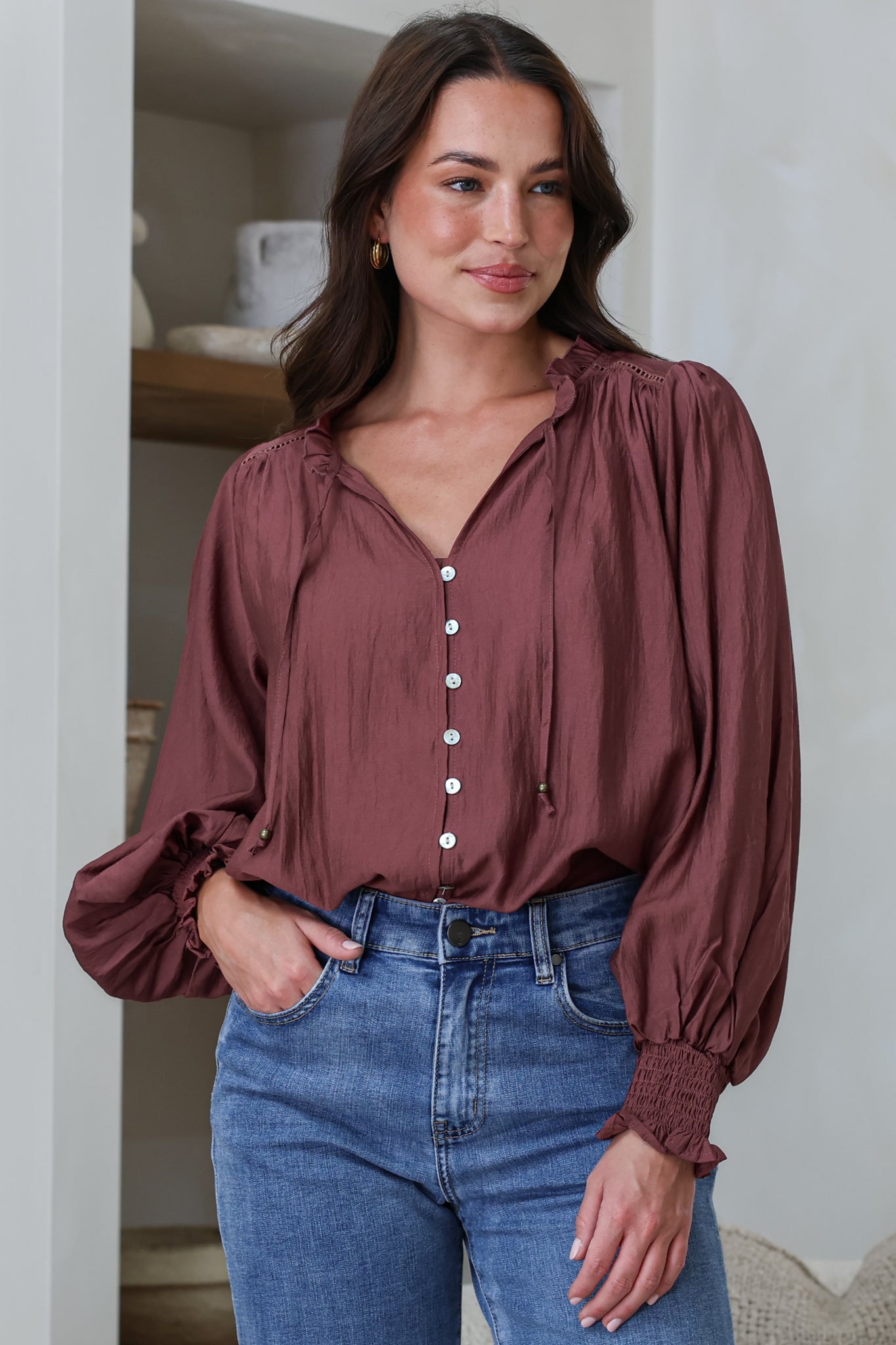 Moree Blouse - Frill Collar Neck Tie Button Down Shirt in Mulberry