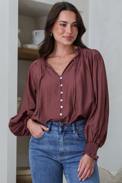 Moree Blouse - Frill Collar Neck Tie Button Down Shirt in Mulberry