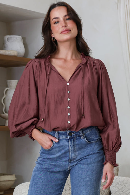 Moree Blouse - Frill Collar Neck Tie Button Down Shirt in Mulberry