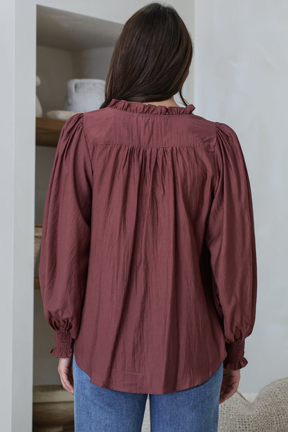 Moree Blouse - Frill Collar Neck Tie Button Down Shirt in Mulberry