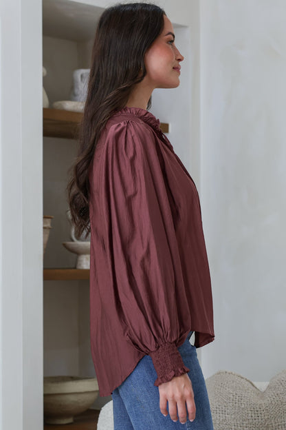 Moree Blouse - Frill Collar Neck Tie Button Down Shirt in Mulberry