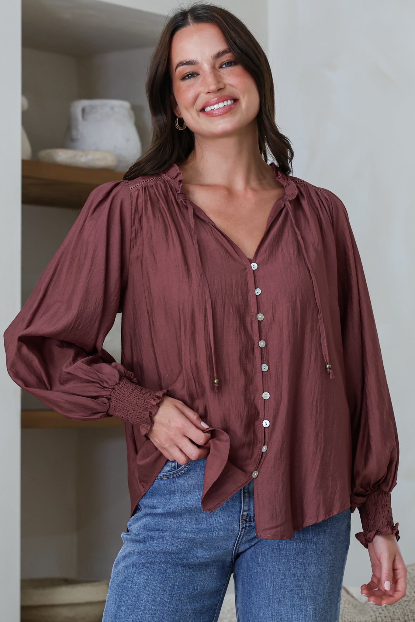 Moree Blouse - Frill Collar Neck Tie Button Down Shirt in Mulberry