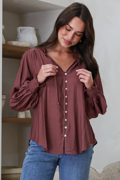 Moree Blouse - Frill Collar Neck Tie Button Down Shirt in Mulberry