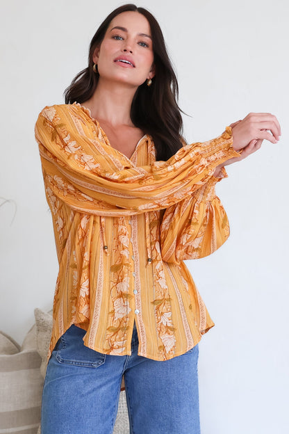 Moree Blouse - Frill Collar Neck Tie Button Down Shirt in Totema Print