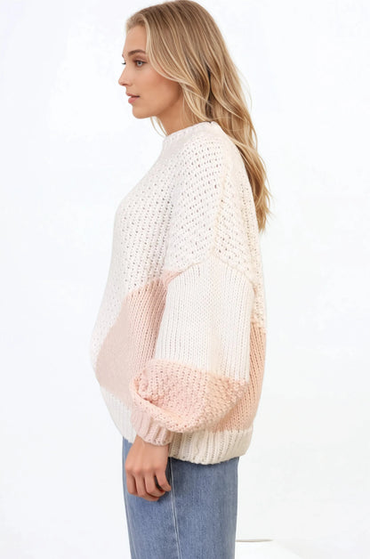Morgan Jumper - Chunky High Neck Colour Block Knit Jumper in Cream Splice