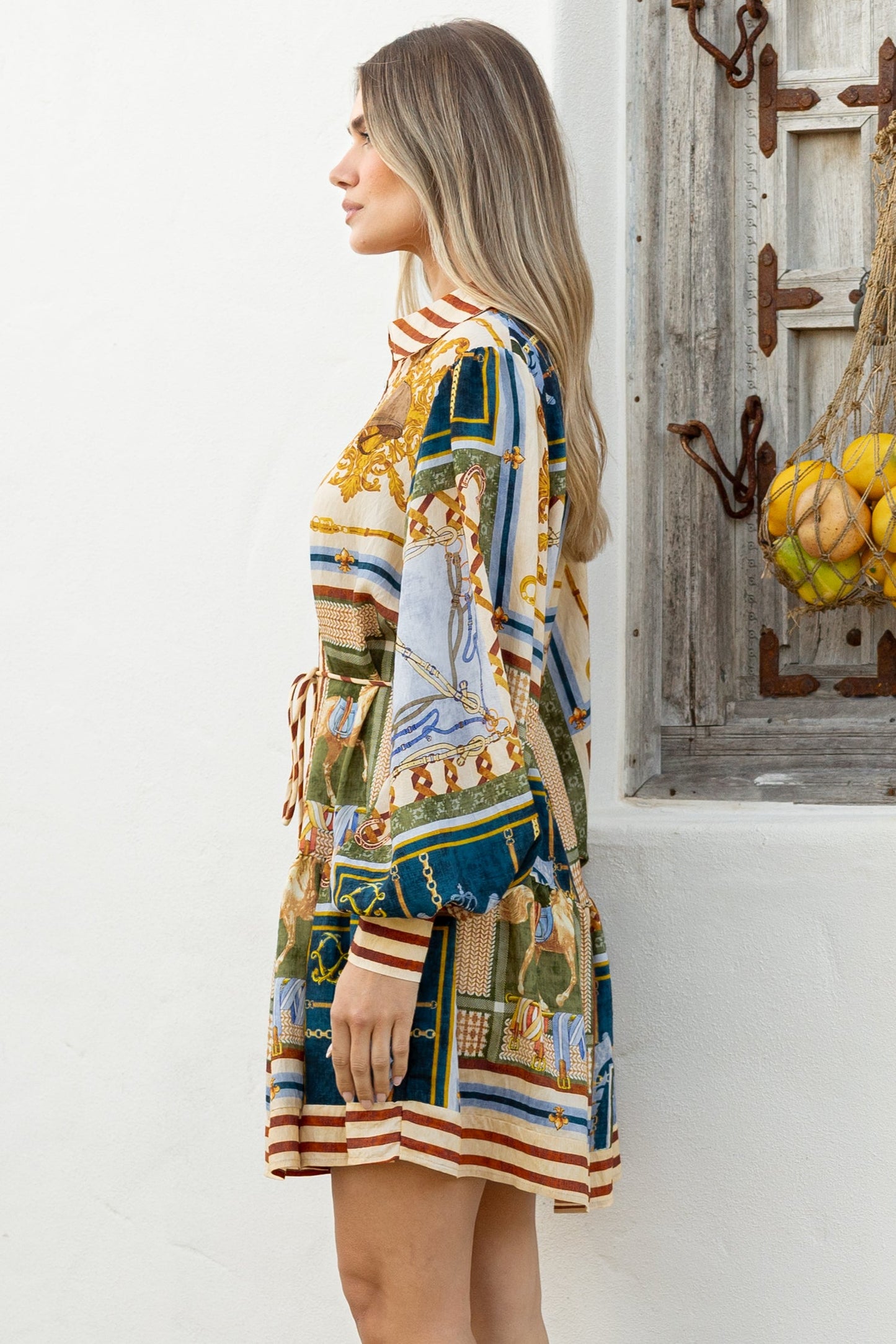 Morso Mini Dress - Wing Collar Front Button Placket Tiered Hem with Balloon Sleeves and String Belt in Regalia Print