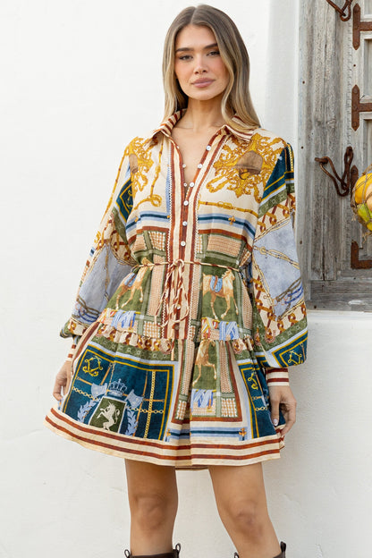 Morso Mini Dress - Wing Collar Front Button Placket Tiered Hem with Balloon Sleeves and String Belt in Regalia Print
