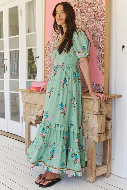 JAASE - Moyo Midi Dress: A-Line Dress with Frill Splicing and Milkmaid Neckline in Maribel Print