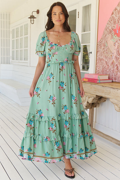 JAASE - Moyo Midi Dress: A-Line Dress with Frill Splicing and Milkmaid Neckline in Maribel Print