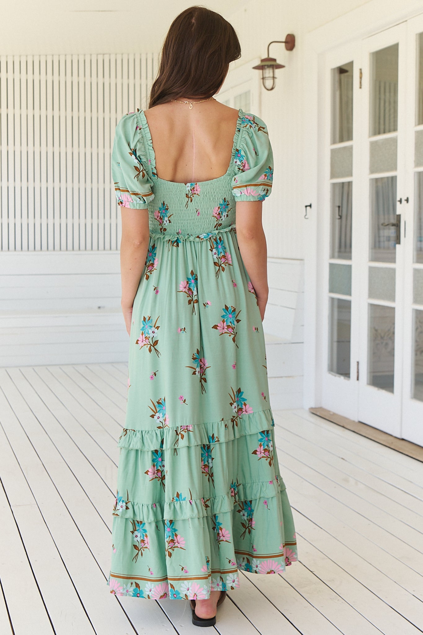 JAASE - Moyo Midi Dress: A-Line Dress with Frill Splicing and Milkmaid Neckline in Maribel Print