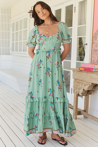 JAASE - Moyo Midi Dress: A-Line Dress with Frill Splicing and Milkmaid Neckline in Maribel Print