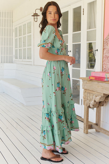 JAASE - Moyo Midi Dress: A-Line Dress with Frill Splicing and Milkmaid Neckline in Maribel Print