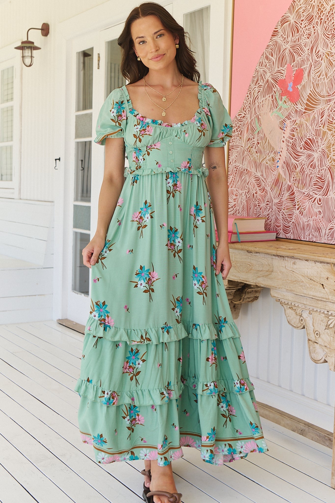 JAASE - Moyo Midi Dress: A-Line Dress with Frill Splicing and Milkmaid Neckline in Maribel Print