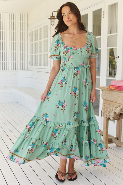 JAASE - Moyo Midi Dress: A-Line Dress with Frill Splicing and Milkmaid Neckline in Maribel Print