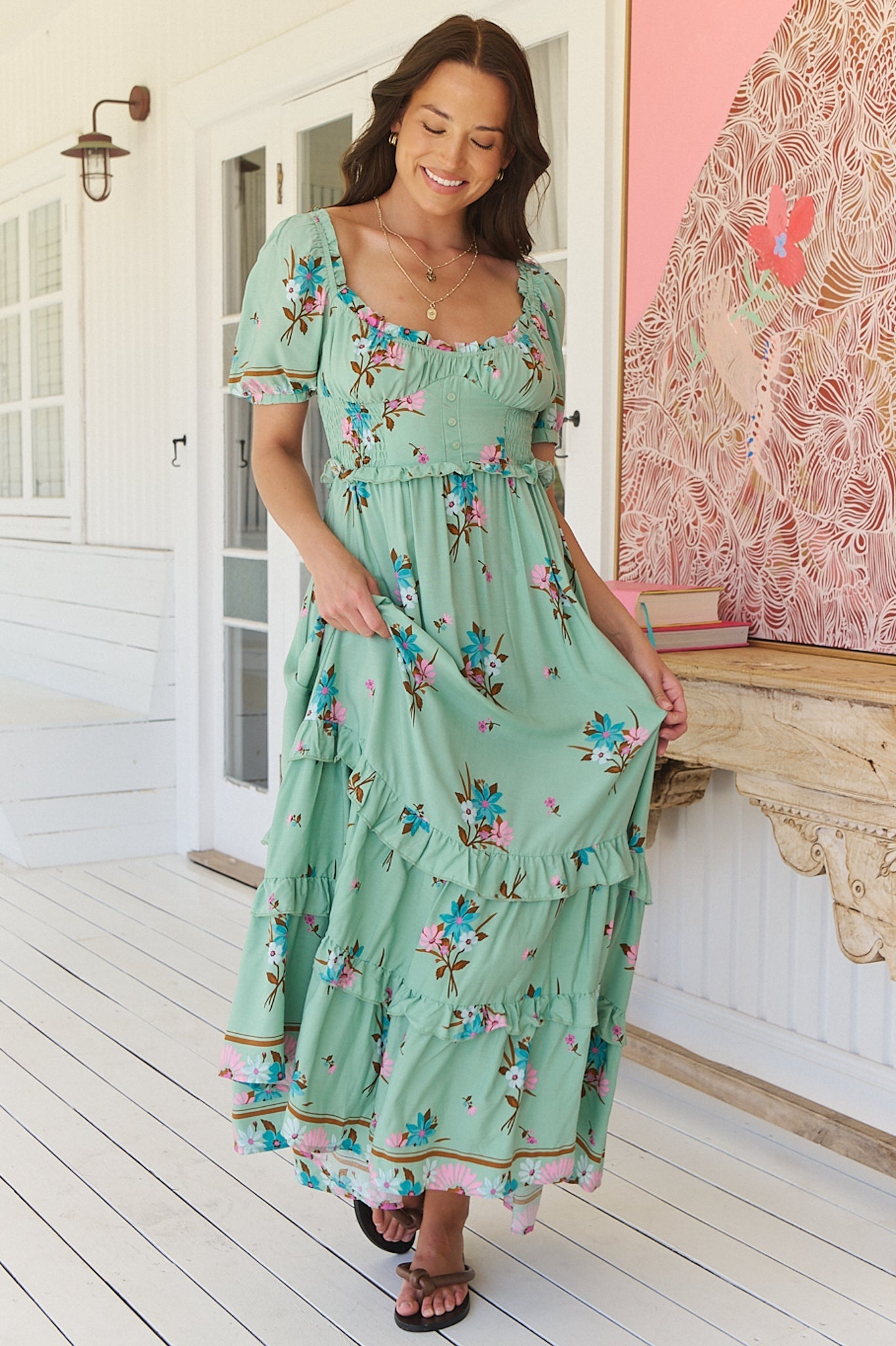 JAASE - Moyo Midi Dress: A-Line Dress with Frill Splicing and Milkmaid Neckline in Maribel Print