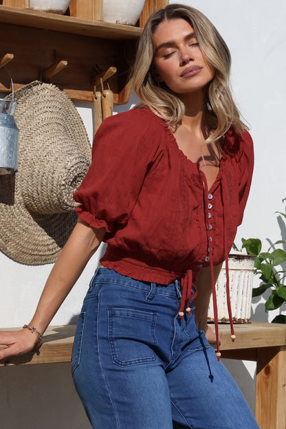 Nadiya Crop - Adjustable Neck and Hemline Crop with Pleating Details in Rust