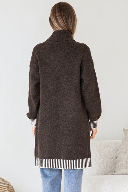 Nattie Cardigan - Folded Collar Knit with Contrast Stripe Hemlines and Pockets in Dark Brown