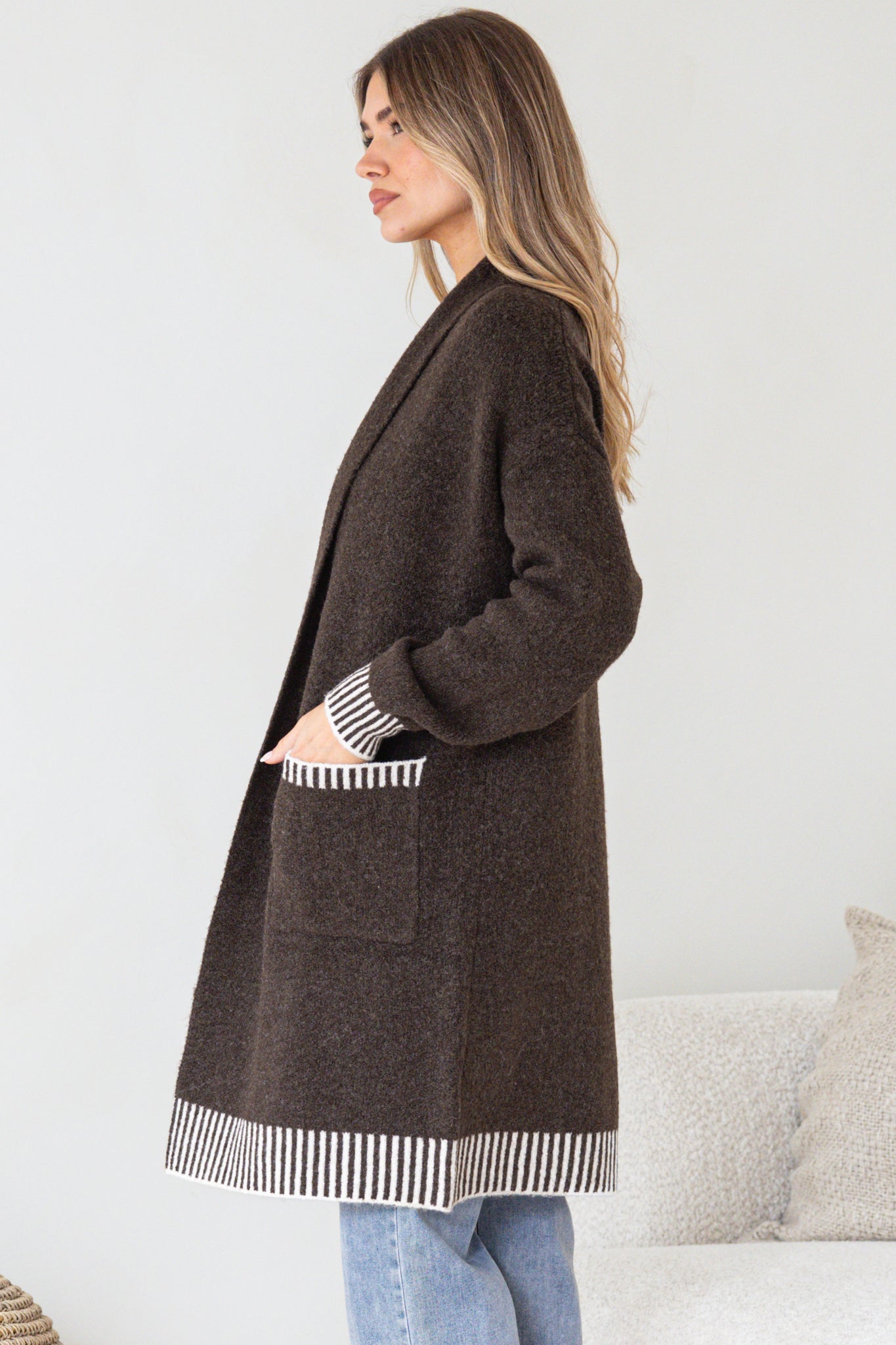 Nattie Cardigan - Folded Collar Knit with Contrast Stripe Hemlines and Pockets in Dark Brown