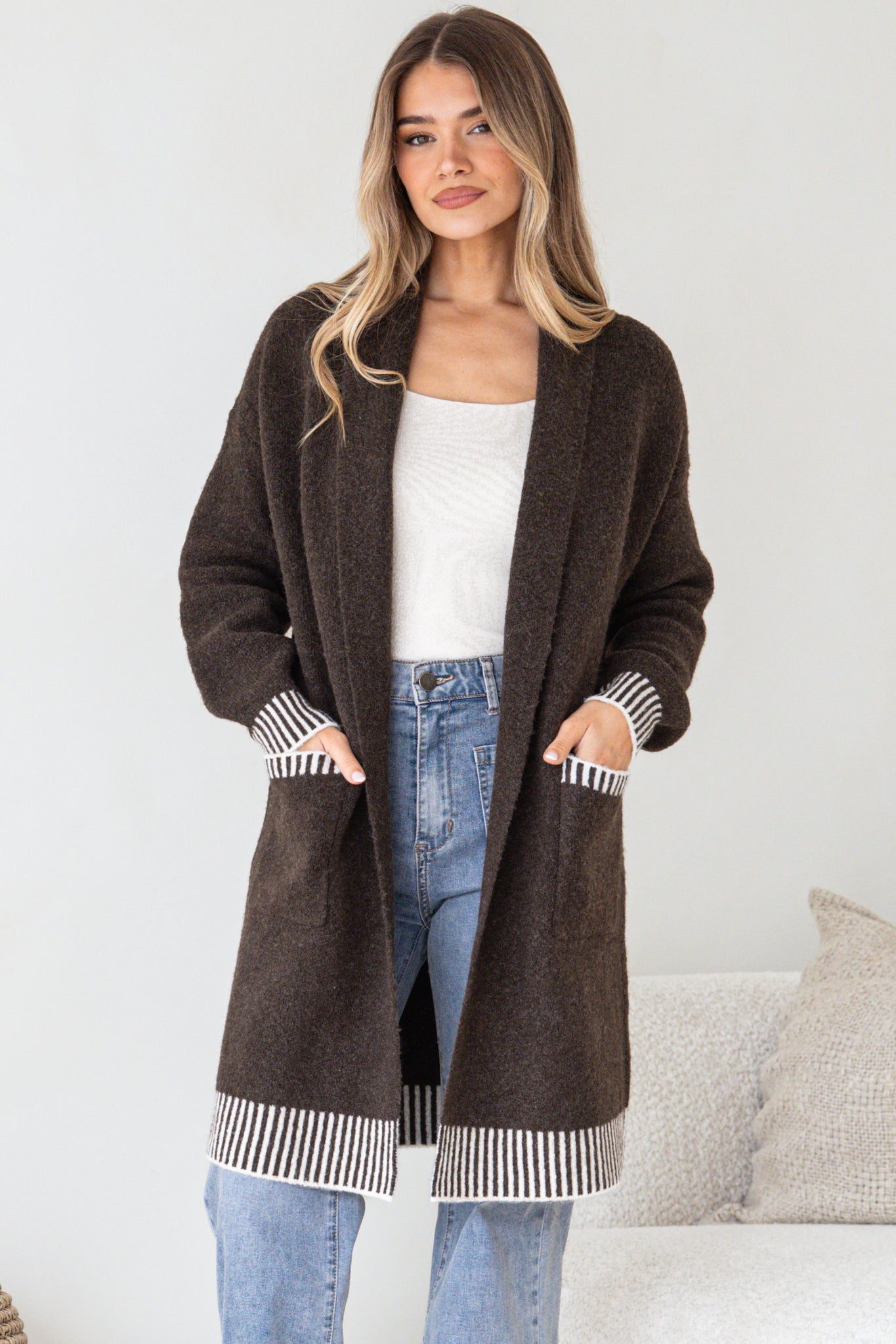 Nattie Cardigan - Folded Collar Knit with Contrast Stripe Hemlines and Pockets in Dark Brown