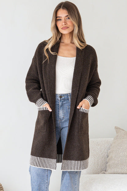 Nattie Cardigan - Folded Collar Knit with Contrast Stripe Hemlines and Pockets in Dark Brown