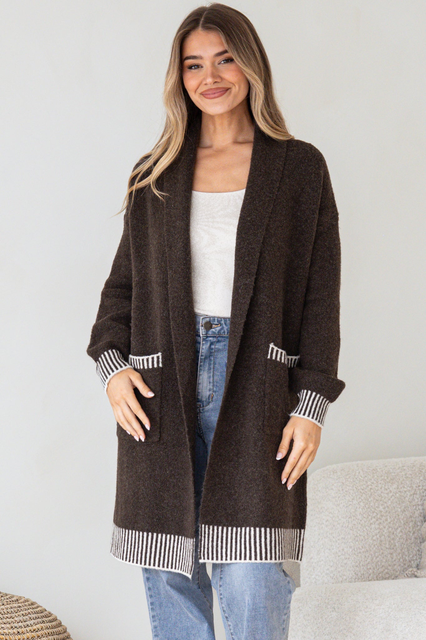 Nattie Cardigan - Folded Collar Knit with Contrast Stripe Hemlines and Pockets in Dark Brown