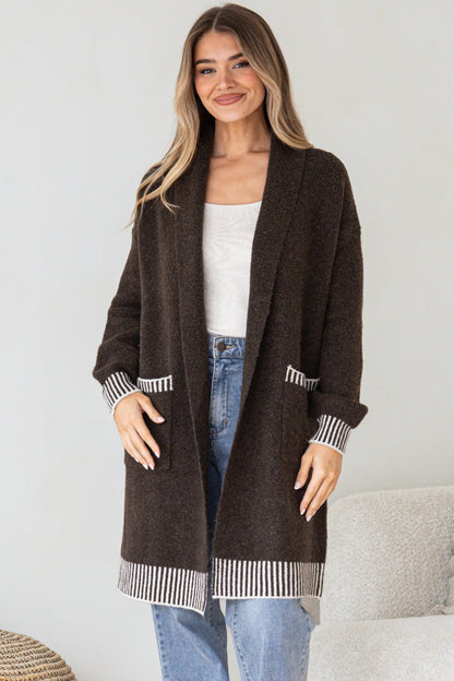 Nattie Cardigan - Folded Collar Knit with Contrast Stripe Hemlines and Pockets in Dark Brown
