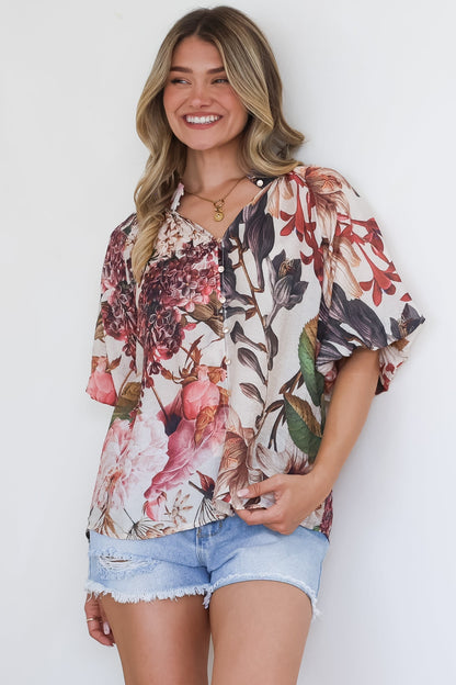 Nayra Blouse - Mandarin Collar Buttoned Down with Puff Sleeves in Leonor Print