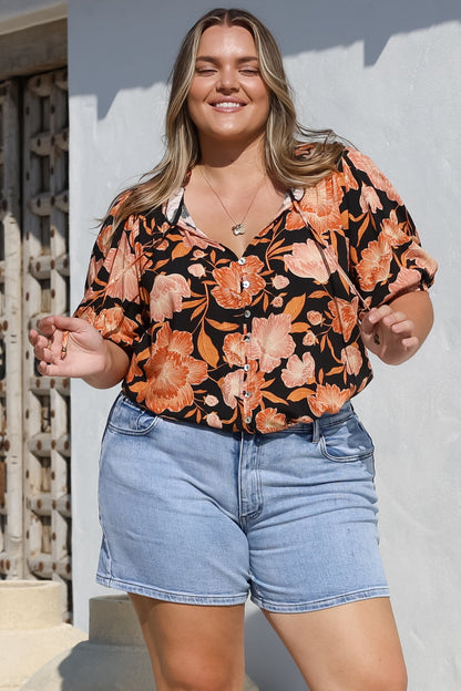 Neo Blouse - High Frill Collar Button Down Shirt in Yasmin Print Black