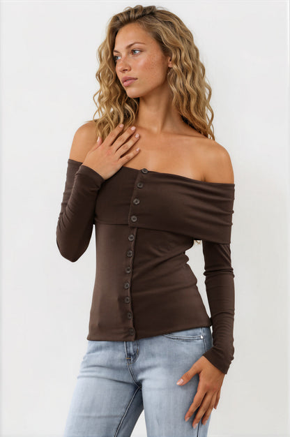 Nerola Top - Off Shoulder Button Down Top in Chocolate