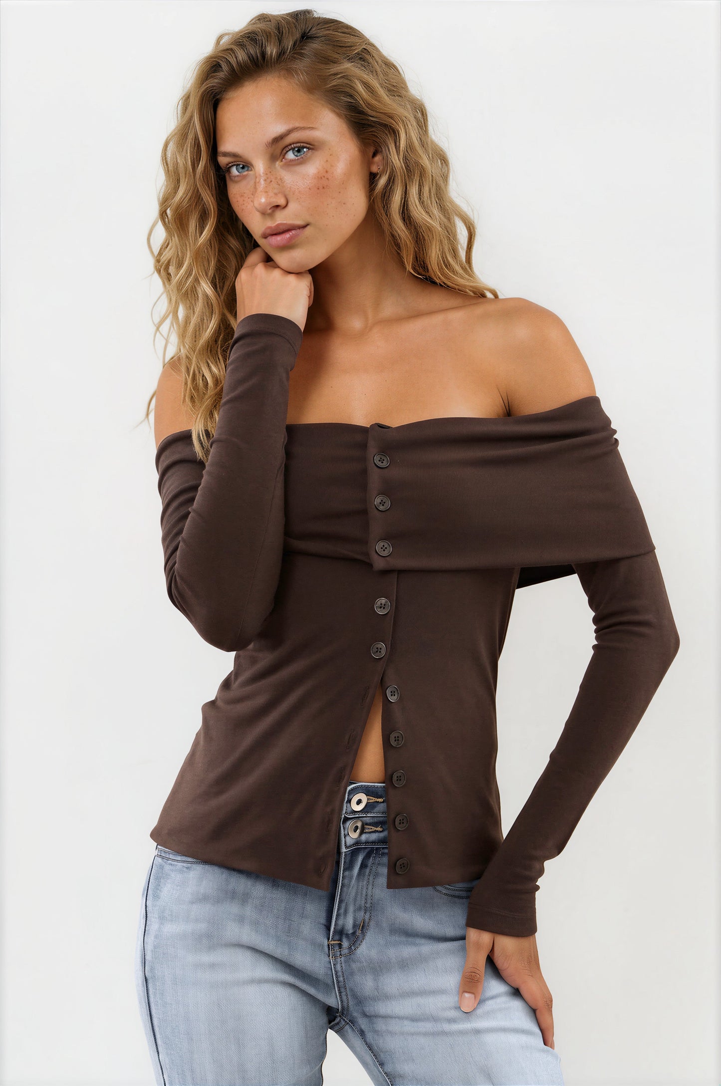 Nerola Top - Off Shoulder Button Down Top in Chocolate